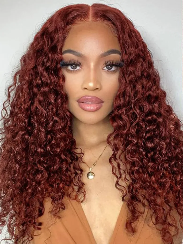 UNice 13x4 Pre Everything Water Wave& 7x5 Bye Bye Knots Kinky Curly Reddish Brown Gluleless Lace Wigs