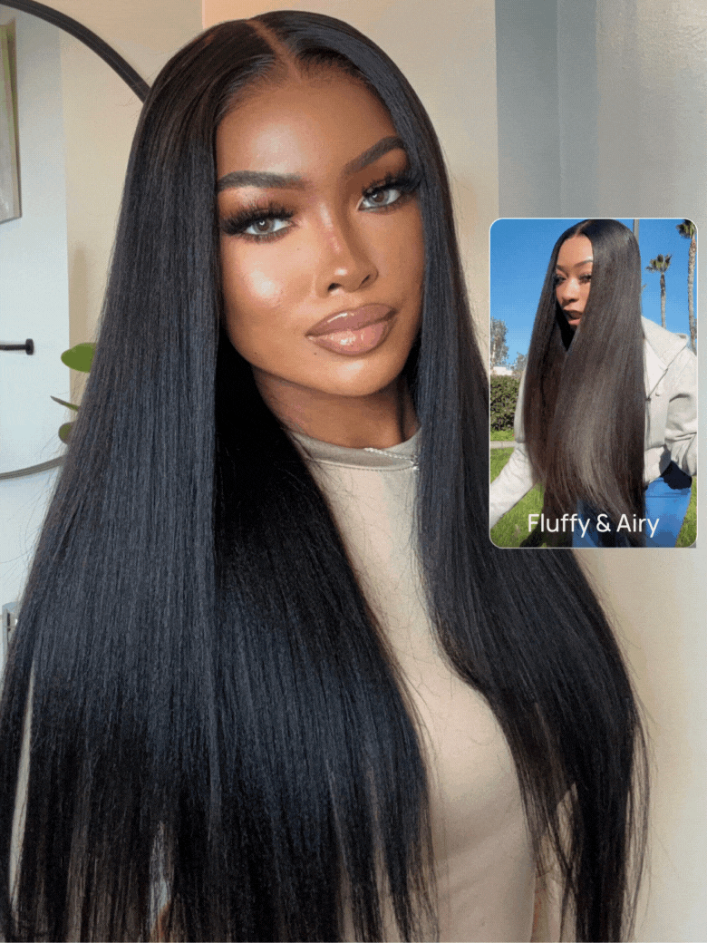 20"-26" 7x5 Bye Bye Knots Wig Glueless Lace Black Yaki Wig With Bleached Knots Bouncy 150% Density