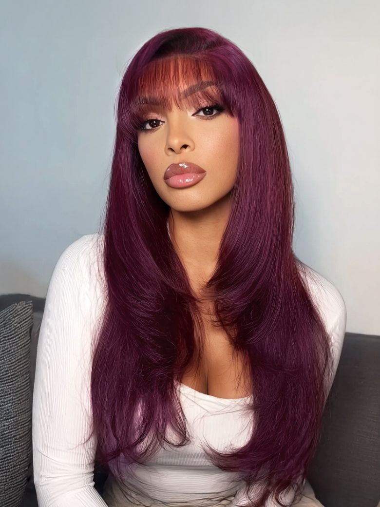 UNice Black Cherry 100% Human Hair Bye-Bye Knots™ 7x5 Lace Face Framing Layer Cut Straight Wig with Wispy Bangs Drawstring Wig
