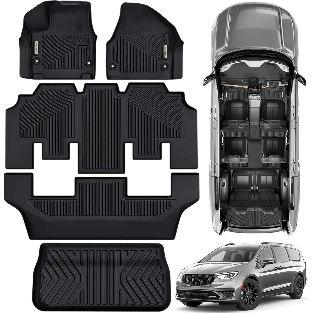 Floor Mats & Cargo Mat Fit for Chrysler Pacifica 2017-2025 (No Hybrid Models), Fit 7 and 8 Passenger Model, 3D All-Weather TPE Floor Liners