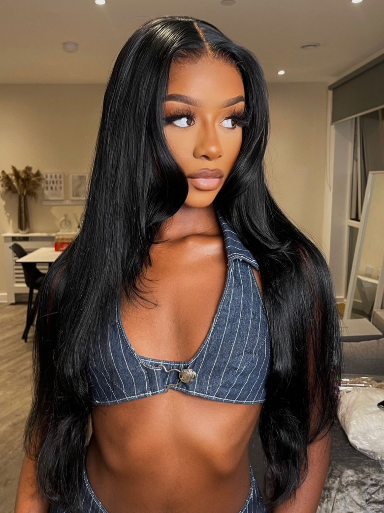 [22"=$129] 7x5 Bye Bye Knots Glueless Lace Wig Black Yaki Wig Bleached Knots 150% Density with Baby Hair