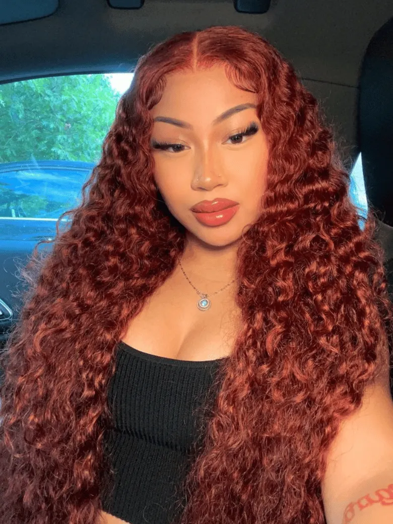 [24''=$119] 6x4.5 Glueless Lace Bye-Bye Knots Reddish Brown Water Wave Wig with Invisible Lace 200% Density