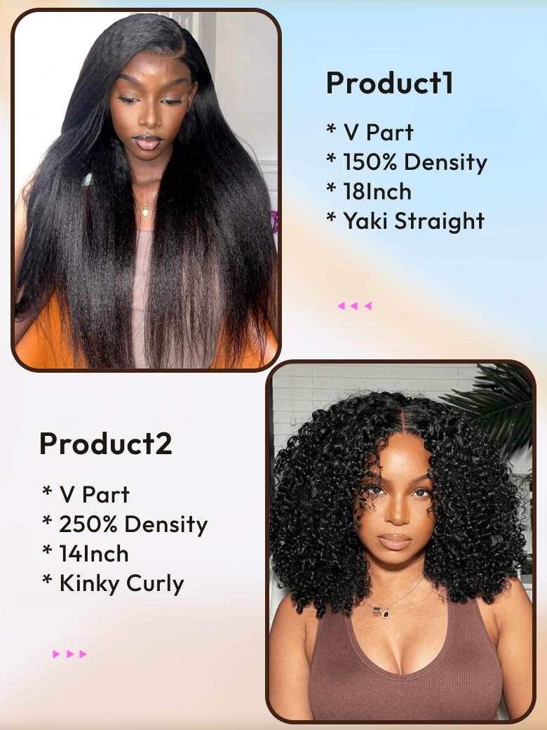 2 Wigs $209 for 18" U Part Yaki Straight Hair And 250% Density 14" V Part Kinky Curly Wig