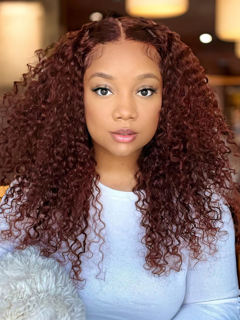 From 24'' UNice Deep Warm Reddish Brown 3C Curly Hair 13x4 Lace Front Wig 250% Density