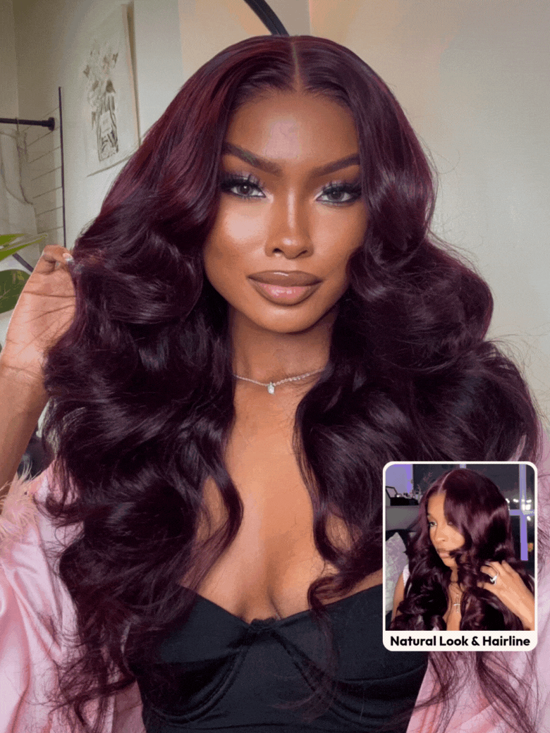 7x5 Bye-Bye Knots™ Lace Frontal Purple Black Cherry Layered Straight & Loose Wave With Invisi Drawstring Wig