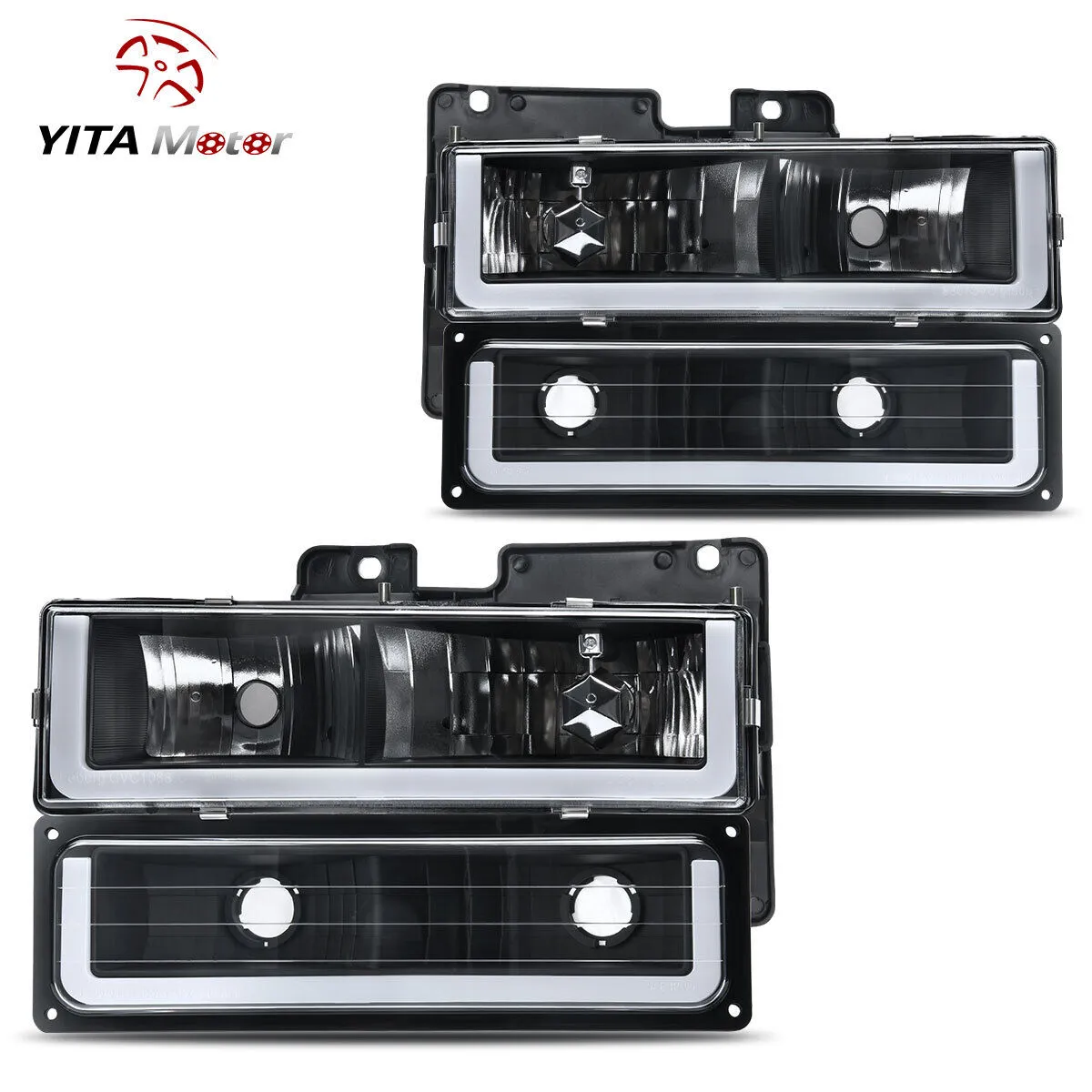 YITAMOTOR® LED DRL Headlights Assembly Compatible with 1990-1999 Chevy C/K C10 Suburban Tahoe GMC Yukon Headlight Headlamp Replacement Pair with Dayti