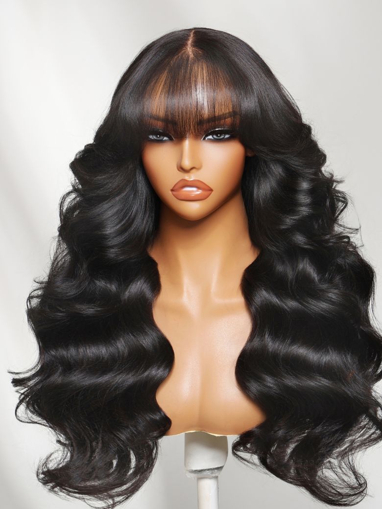 UNice Bye-Bye Knots 7x5 Black Yaki Texture Natural Fluffy Loose Wave Wig with Wispy Bangs