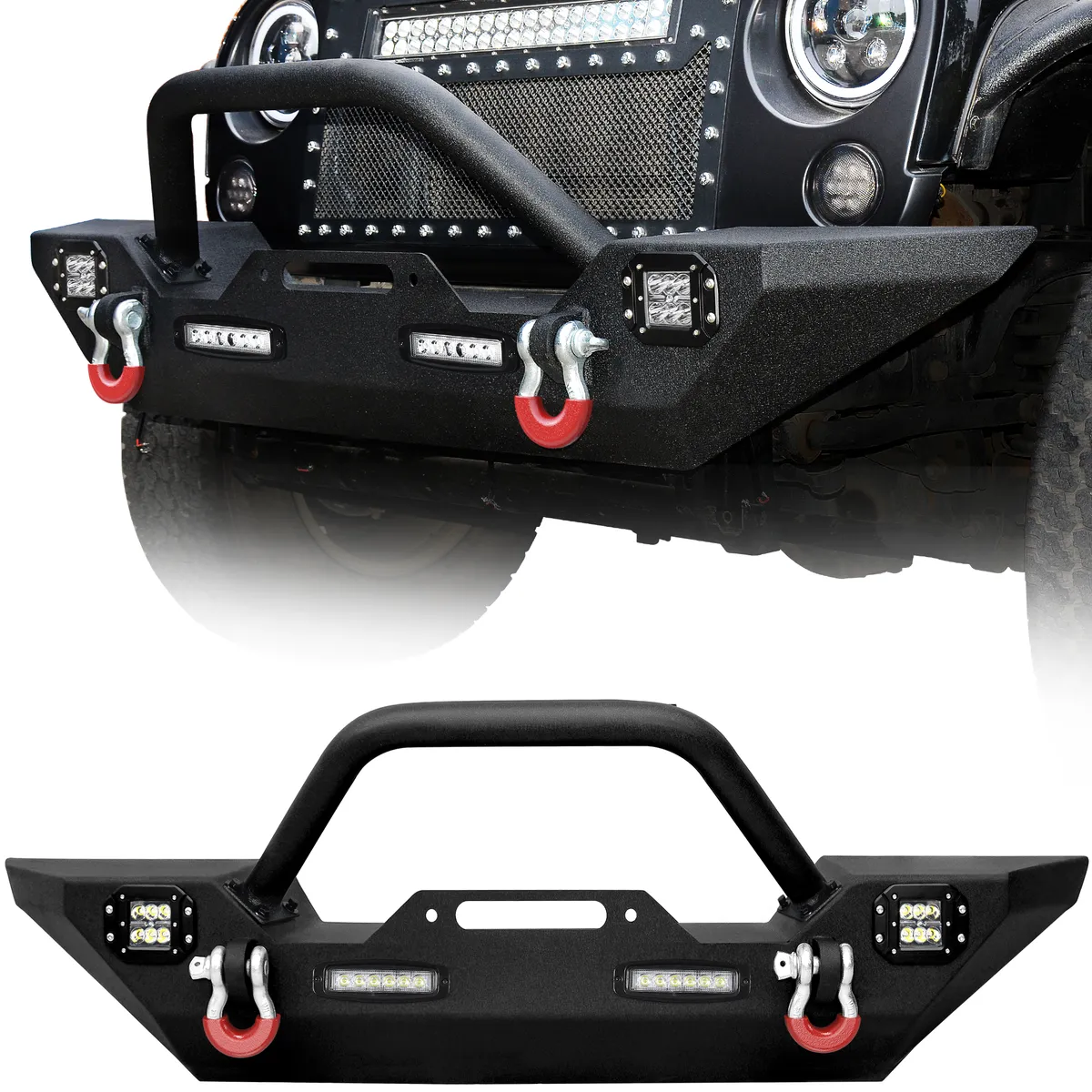 YITAMOTOR® Front Bumper for 2007-2018 Jeep Wrangler JK Rock Crawler W/ LED Lights & D-Rings