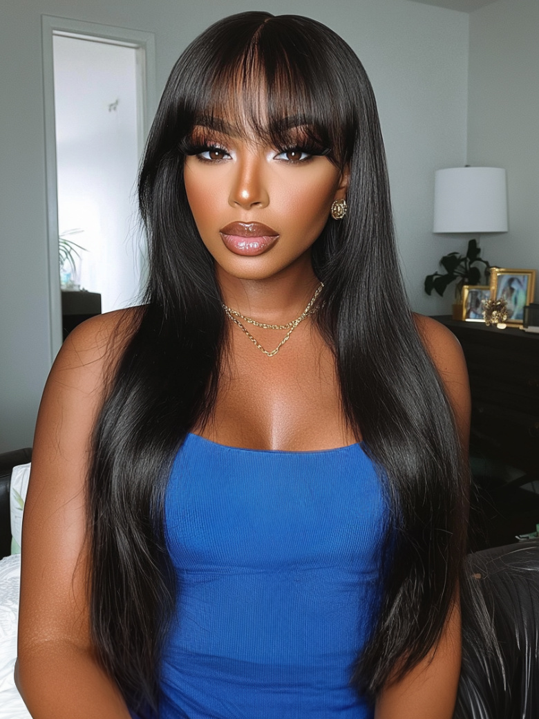 Black Yaki Wig Human Hair Glueless Wig with Blunt Bangs & 13x4 Pre Everything Side Part Loose Wave With With Wispy Air Bangs
