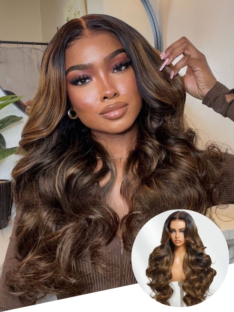 7x5 Bye Bye Knots™ Glueless Lace Balayage Highlight Very Bouncy Body Wave Wig No Burden