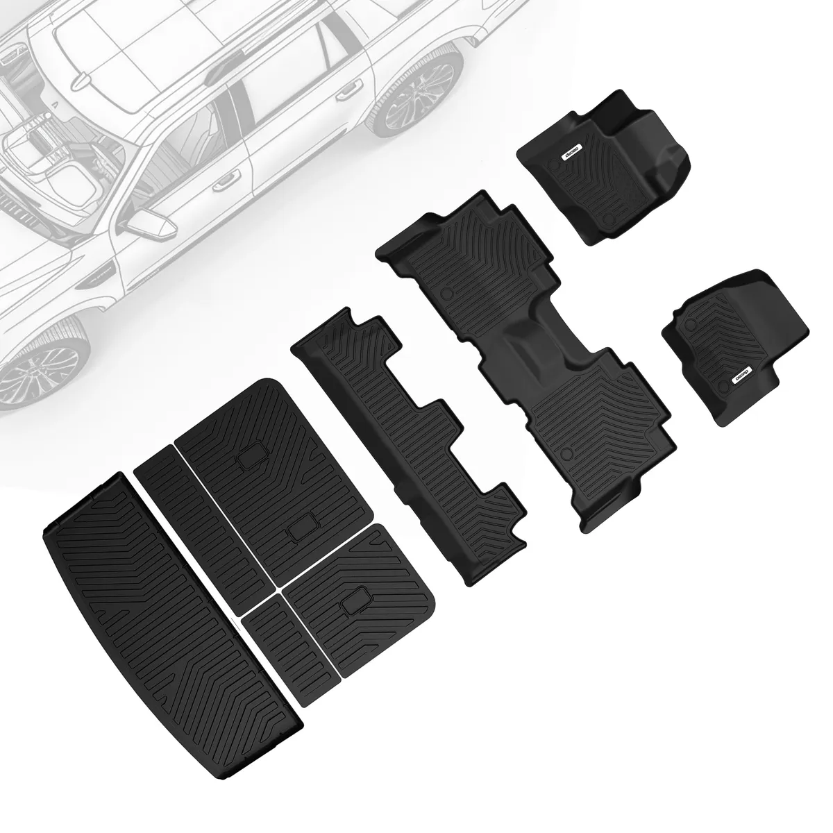 OEDRO Floor Mats Fits for Ford Expedition Bench 2018-2024 8-Seater, Custom Fit TPE All Weather Trunk Mat w/ Backrest  Full Mat Set