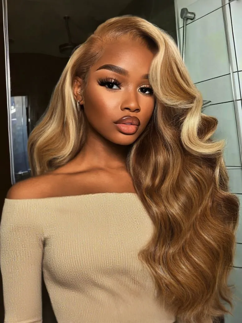 13x4 Pre-Everything Lace Frontal Honey Blonde Highlights Fluffy Loose Wave Curtain Bangs Wig