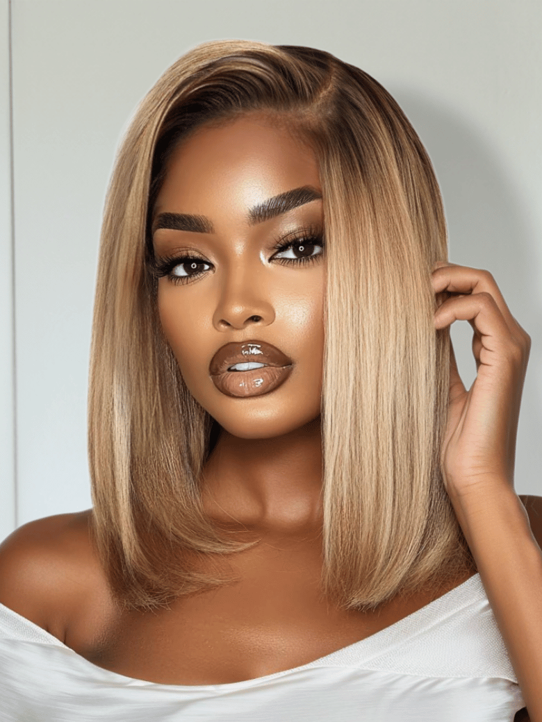 7x5 Bye-Bye Knots Lace Blonde with Brown Roots Side Part Blunt Bob Wig