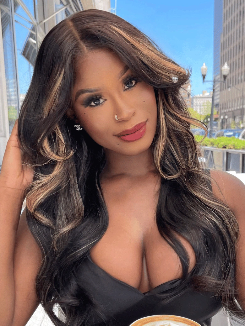 7x5 ByeBye Knots™ Glueless Lace Wig Black With Blonde Highlights Body Wave Bleached Knots