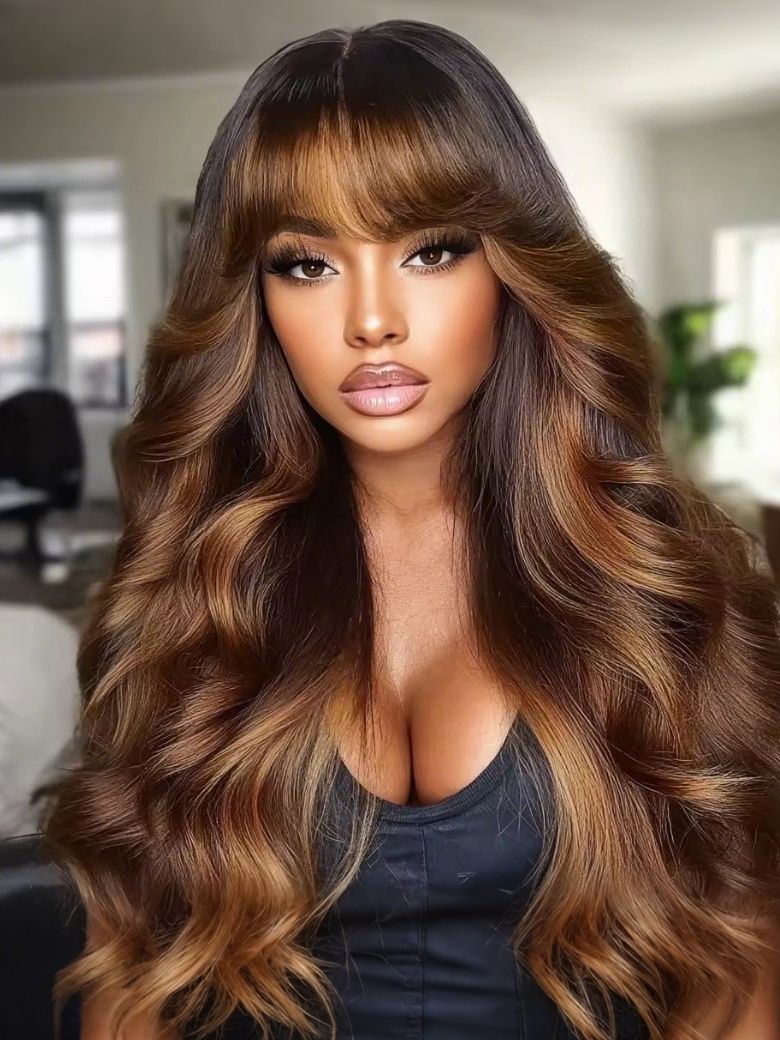 [18''=$89]7x5 Black Brown Money Piece Fluffy Loose Wave Curtain Bangs Wig