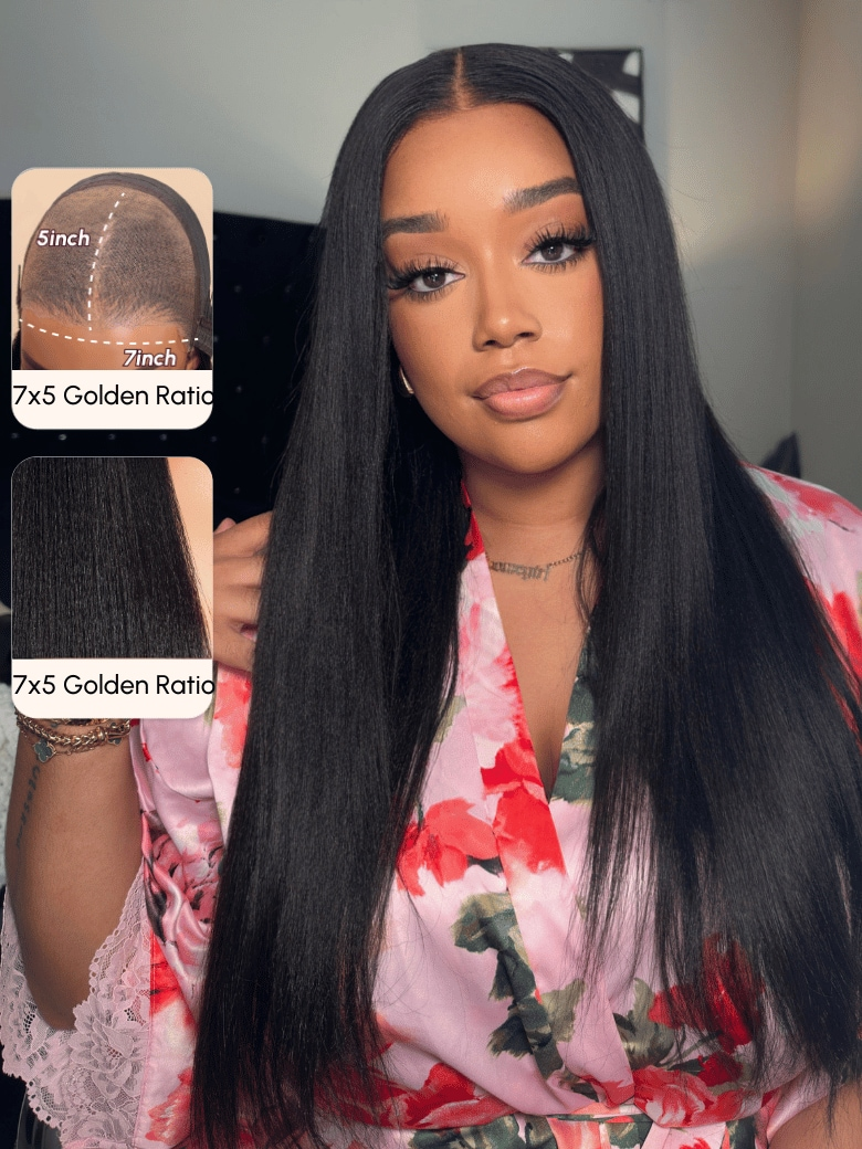 From 20'' Black Yaki Straight Glueless 7x5 Bye Bye Knots™ Wig 150% Density
