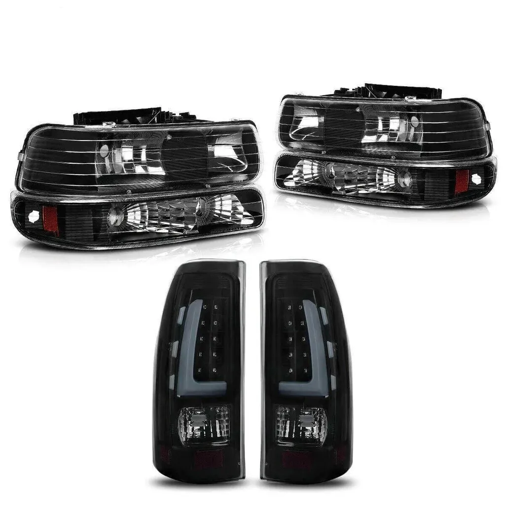 YITAMOTOR® 1999-2002 Chevy Silverado Headlights Lamps + LED Tail Lights Black