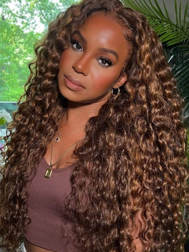 [All Length $129] 200% Density 13x4 Lace Front Toffee Brown With Highlights And Cute Curls