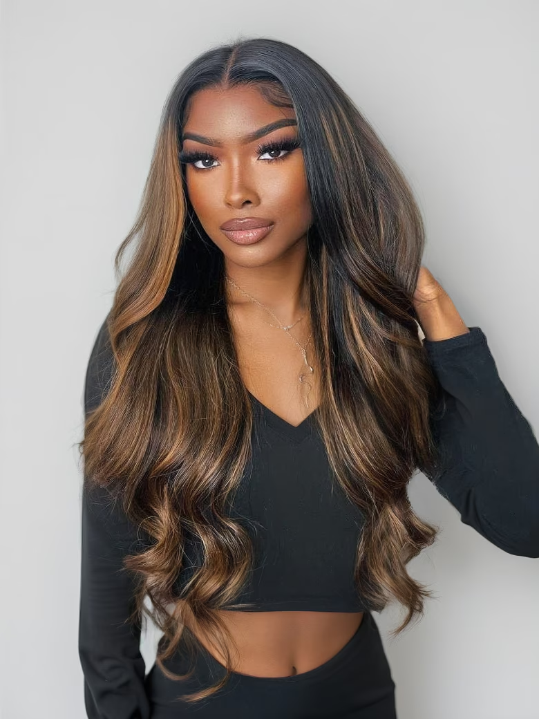 [22"=$115] Balayage Highlight 7x5 bye-bye knots & 13x5 T Part Lace Wig Body Wave Wig Shadow Root Blonde Highlight Bouncy Hair