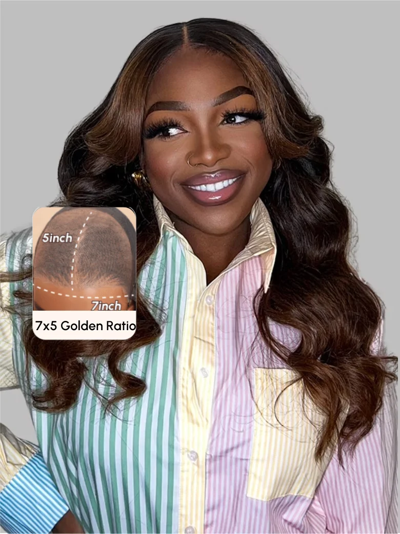 Bye Bye Knots Wig 7x5 Glueless Black to Chestnut Brown Ombre Loose Wave Wig With Bleached Knots