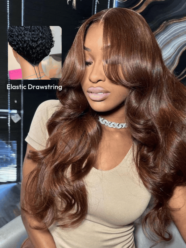 [18"=$140] 7x5 Bye-Bye Knots™ Espresso Brown With Highlights Loose Wave Wig