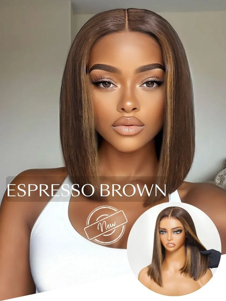 7x5 Bye-Bye Knots Lace Espresso Brown With Highlights Middle Part Blunt Bob Wig