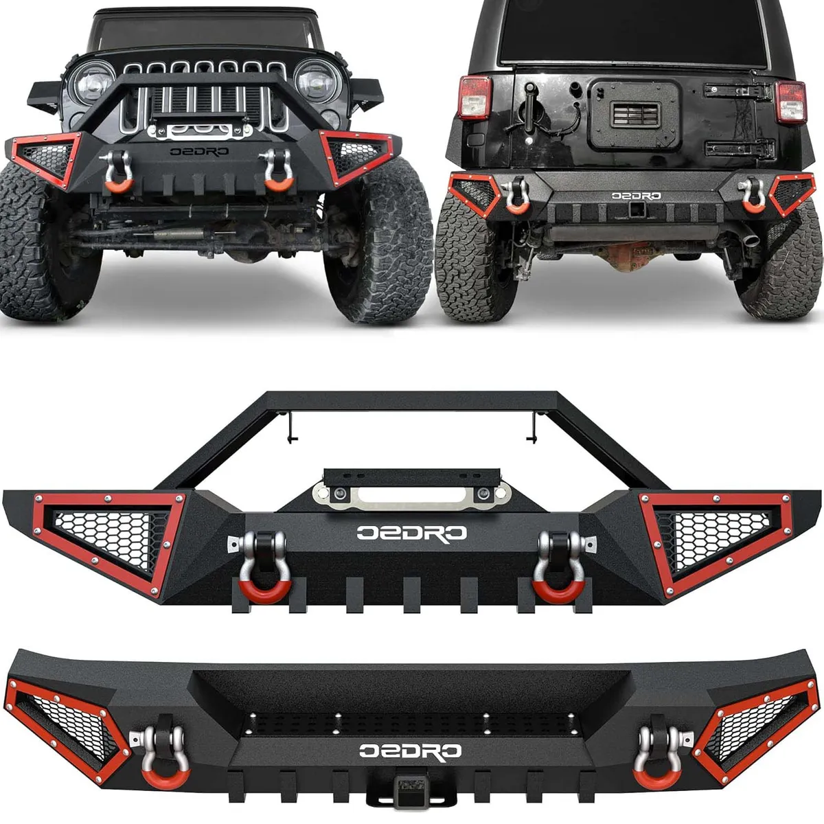 OEDRO Front and Rear Bumper for 2007-2018 Jeep Wrangler JK & Unlimited JKU (2/4 Doors) with Winch Plate Mounting & D-Rings & Hitch Receiver