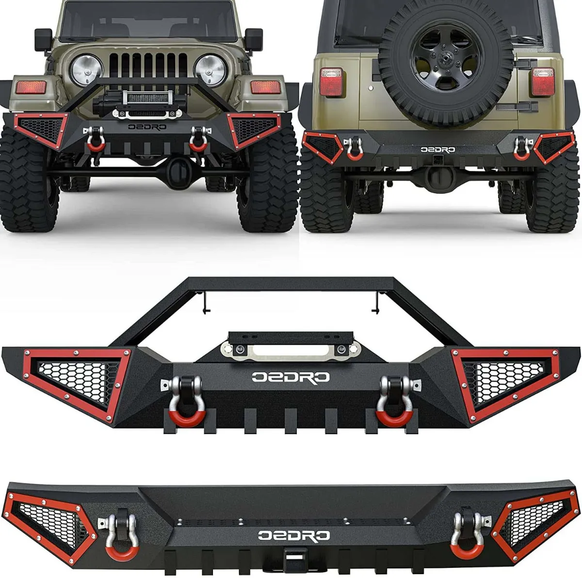 OEDRO Full Width Front Rear Bumper for 1987-2006 Jeep Wrangler TJ & YJ with Hitch Receiver & 2 x D-Rings