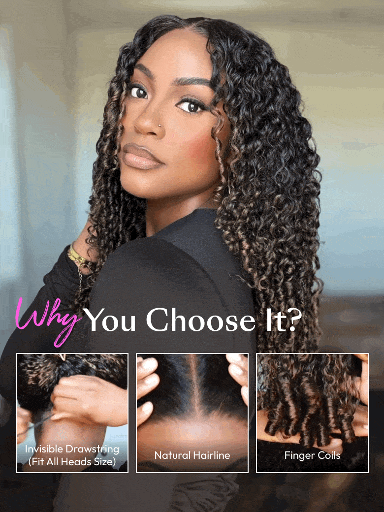 [With Drawstring] Glueless Curly Wig With Defined Finger Coil Ends Black to Chestnut Brown Ombre 7x5 Bye-Bye Knots™ 7x5 Wig