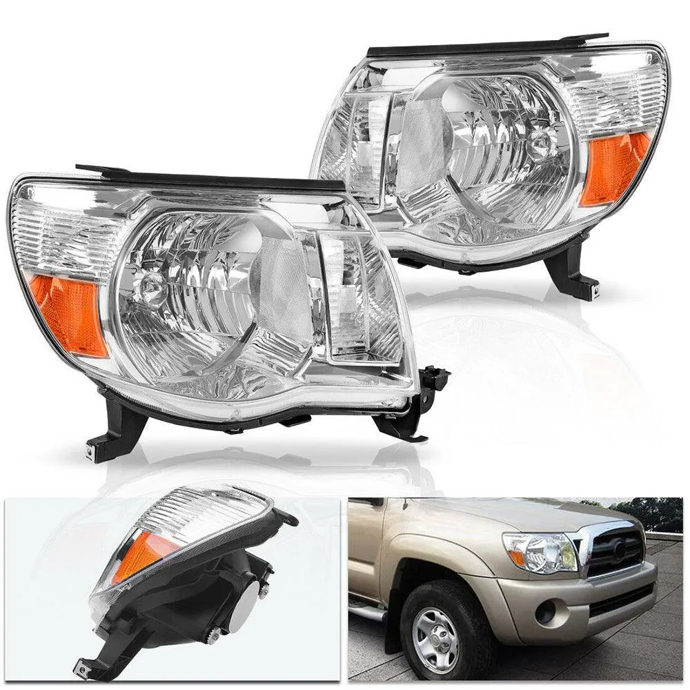 YITAMOTOR® 05-11 Toyota Tacoma Pickup Truck Headlight Assembly OE Style Chrome Housing Amber Reflector