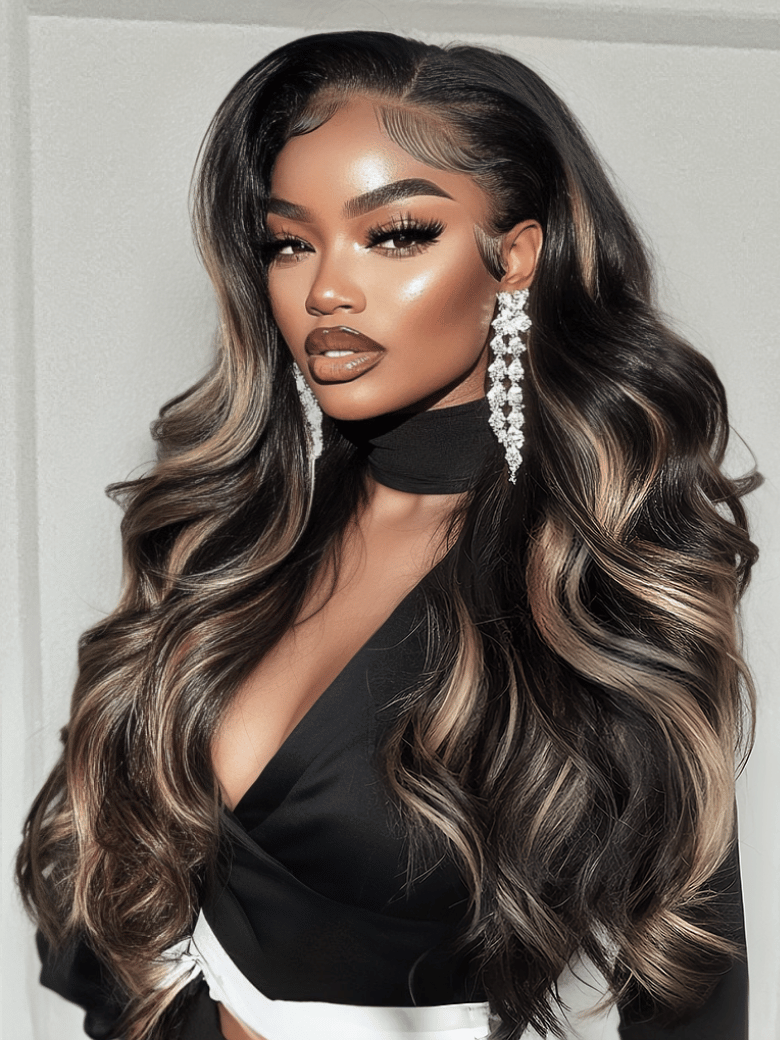 7x5 Bye-Bye Knots Lace Wig Loose Wave Butterscotch Highlights Brown Wig 150% Density