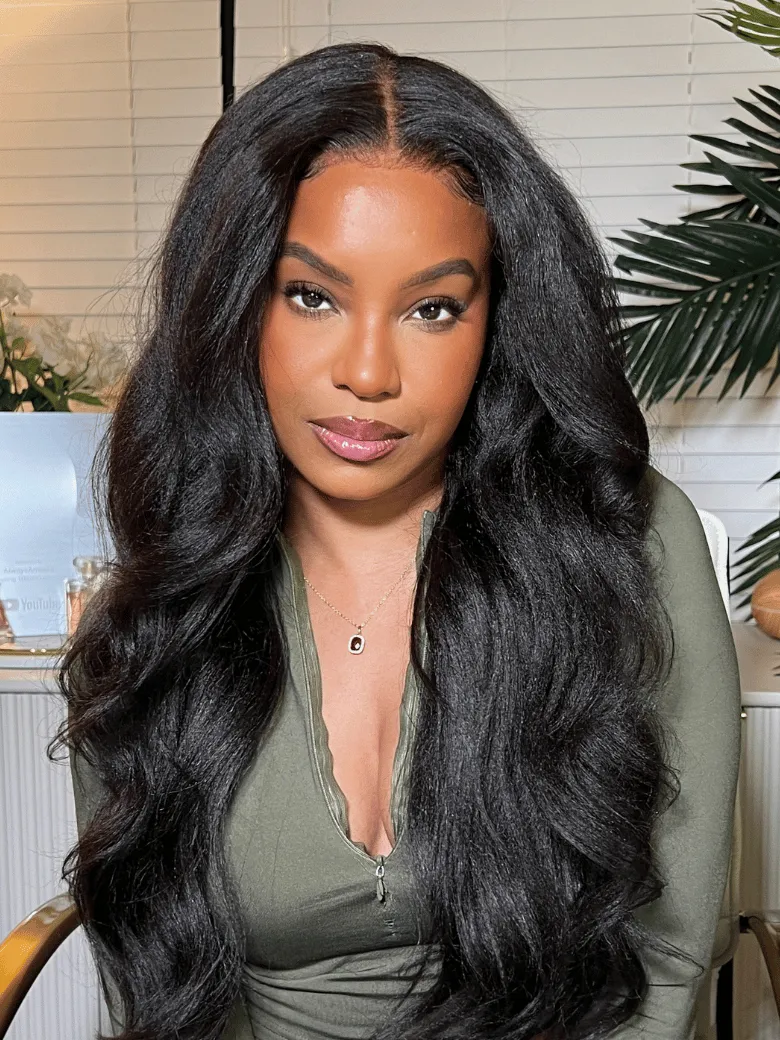[18"=$99] EasiContour™ V Part Glueless Yaki Straight Natural Black Wig With Invisi Drawstring 100% Human Hair