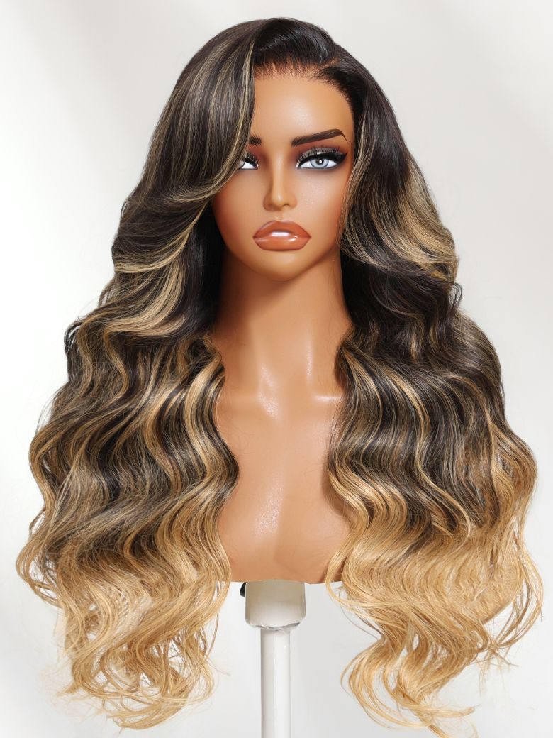 [18"=$99 Limited Time] UNice Bye-Bye Knots™ Black With Blonde Highlights 7x5 Lace Loose Wave Wig With Face Framing Layers