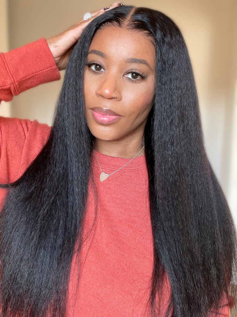 Bye Bye Knots 6x4.5 Pre Cut Lace Put On And Go Kinky Straight Black Air Wig 150% Density