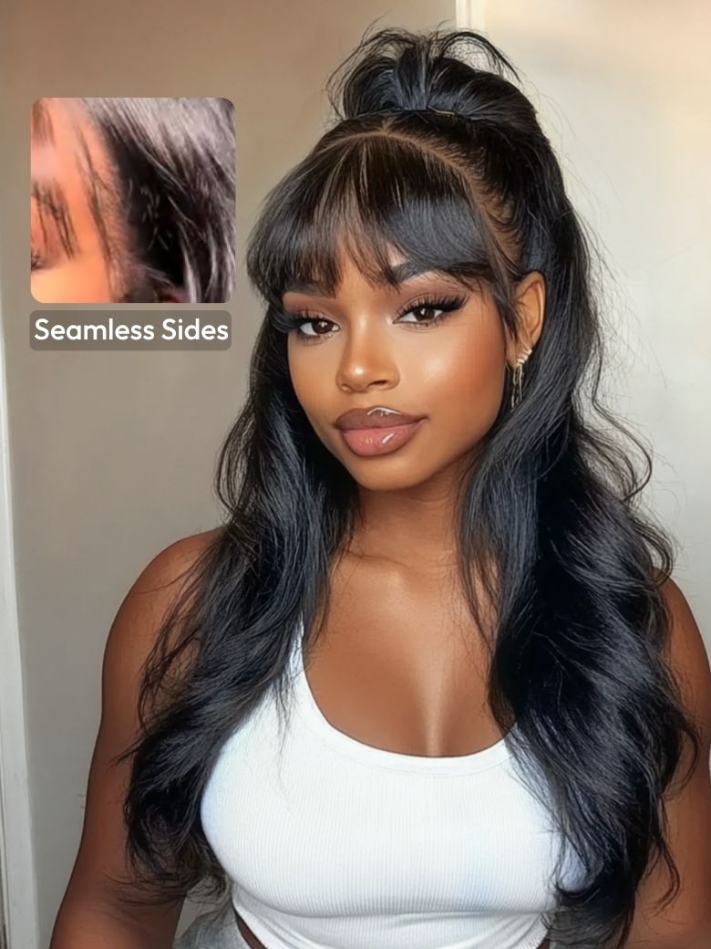 [24"=$99]13x4 Pre-Everything™ Lace Frontal Black Fluffy Natural Bouncy Loose Wave Curtain Bangs Wig