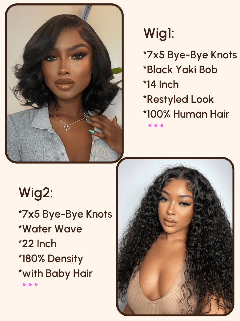 $249=2 Wigs | 22" 7x5 Bye-Bye Knots and14" Black Yaki Bob Wig