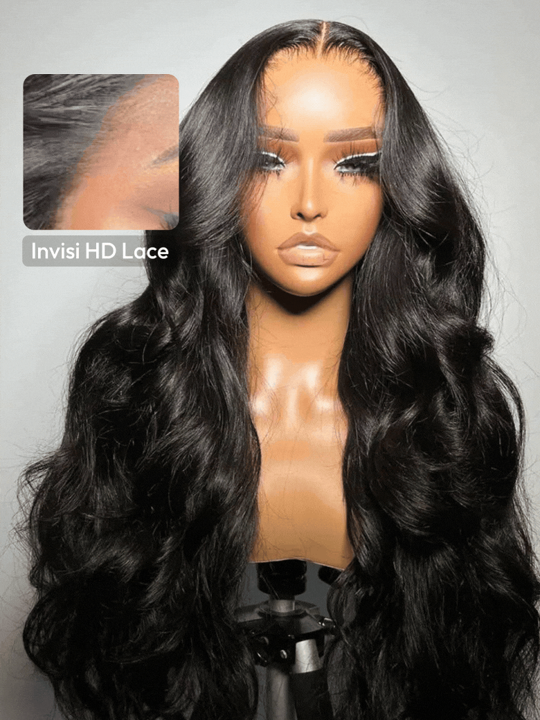 UNice HD Real Scalp™ Wig 13x4 Invisible Lace Frontal Body Wave Black Wig & Face Framing Curtain Bangs Wig With Invisi Drawstring