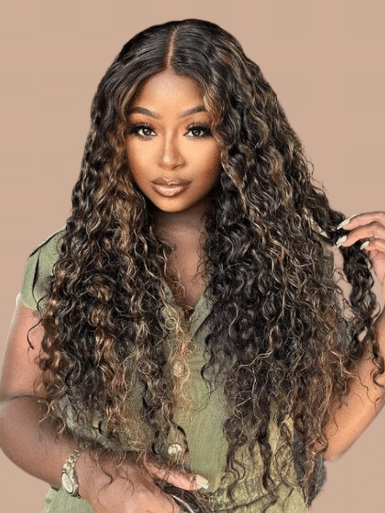[20"=$99] Pre-Cut 6x4.5 Lace Black With Blonde Highlights Water Wave Wig 180% Density with Baby Hair