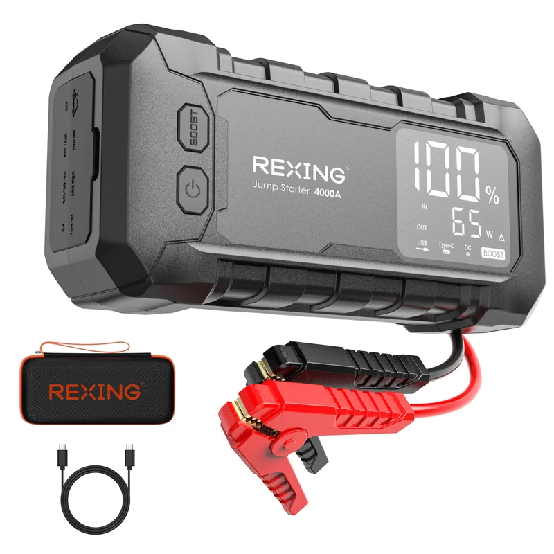 Rexing 4000A Jump Starter, 12V Car Battery Booster with 65W Quick Charger, LED Display, 24000mAh Portable Battery Pack for 10L Gas/10L Diesel Engines 