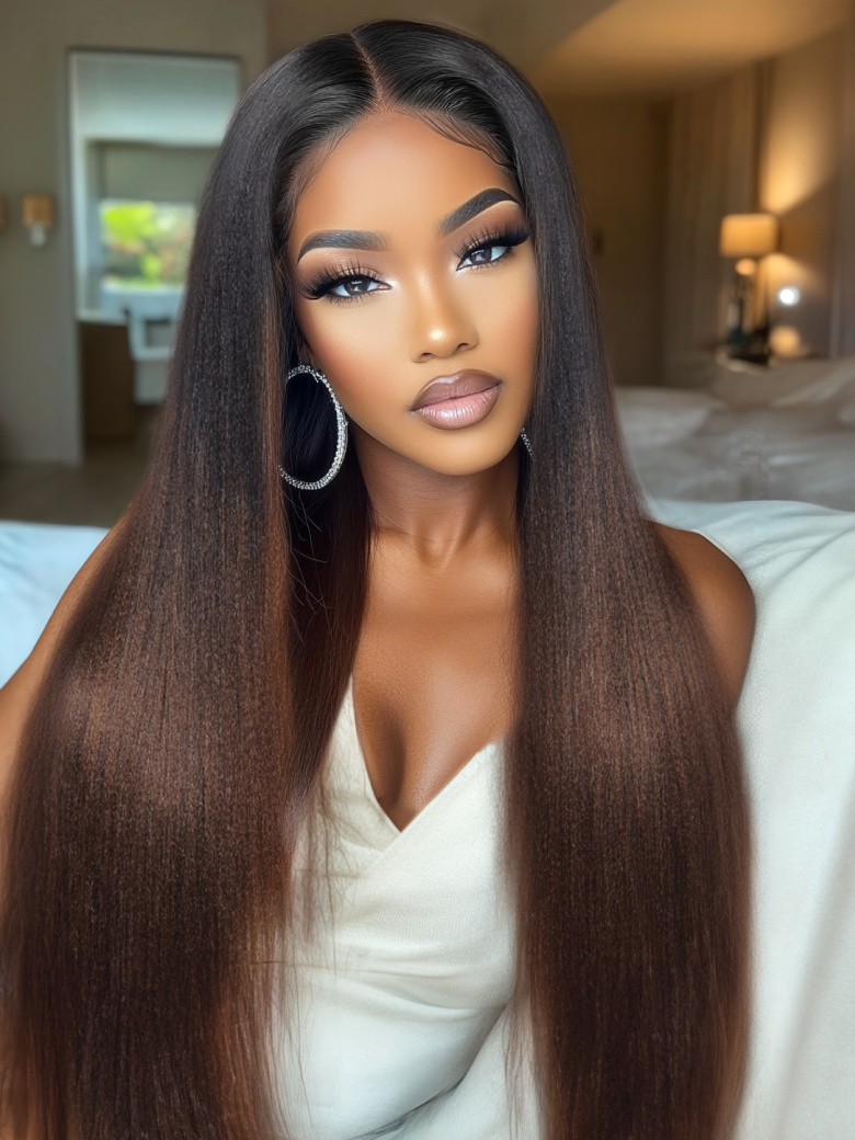 EasiContour™ V Part Black to Chestnut Brown Ombre Yaki Wig With Invisi Drawstring 150% Density