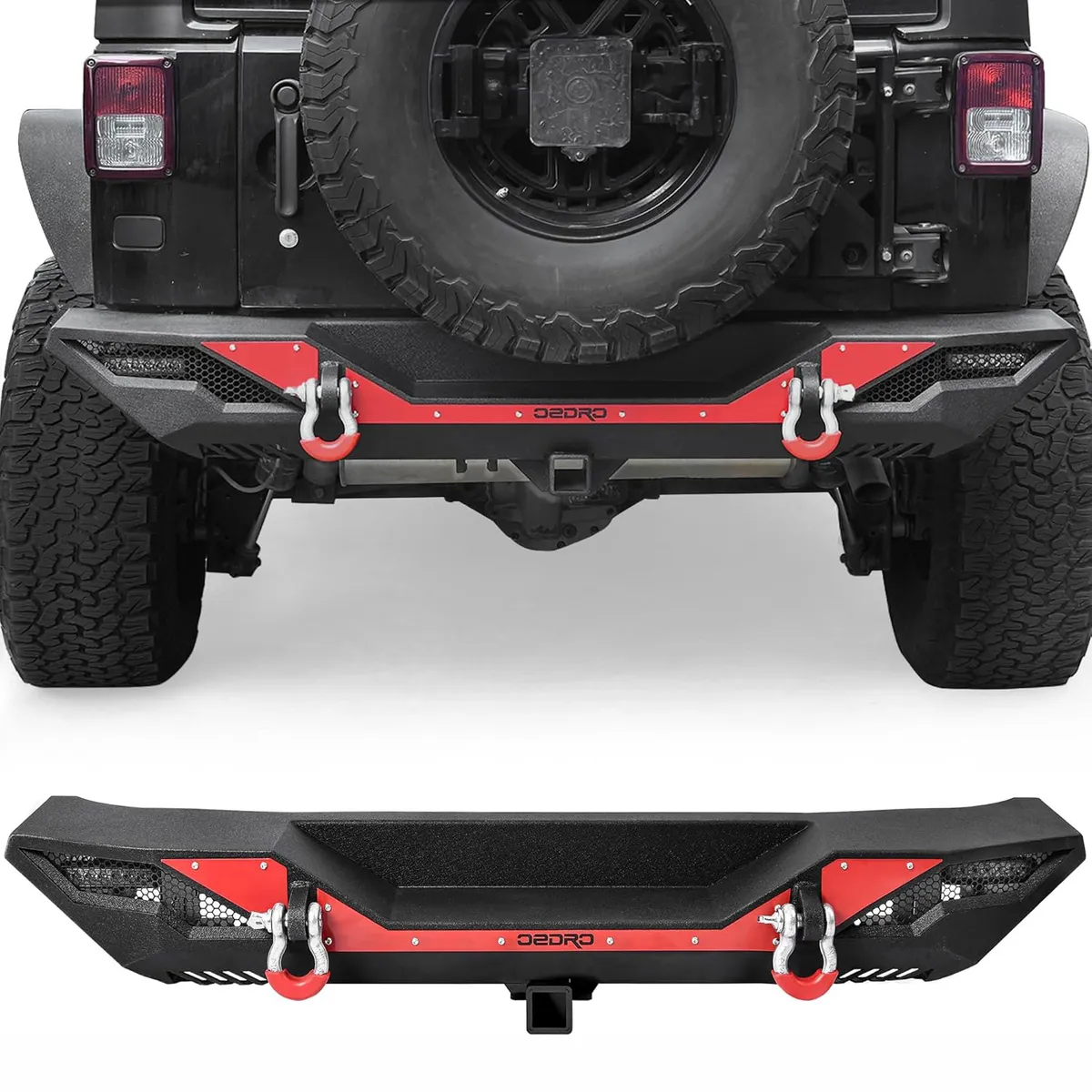 OEDRO Rear Bumper for 2007-2018 Jeep Wrangler JK & JKU Unlimited, Full Width Bumper w/D-Rings & Hitch Receiver & Reflective Armor