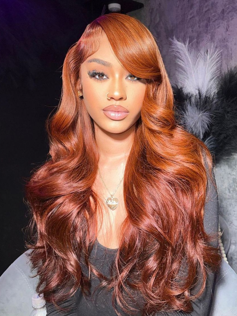 ByeBye Knots 7x5 Lace Red Orange Highlights Wig with Face Framing Layers Loose Wave 150% Density