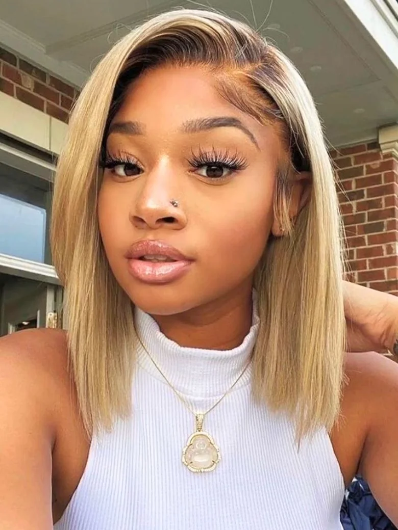Blonde with Brown Roots Side Part Blunt Bob Wig 7x5 Bye-Bye Knots Lace Wig