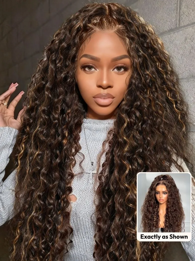 UNice Bye-Bye Knots™ 7x5 Lace Dark Toffee Brown with Auburn Highlights Water Wave with Invisi Drawstring Wig