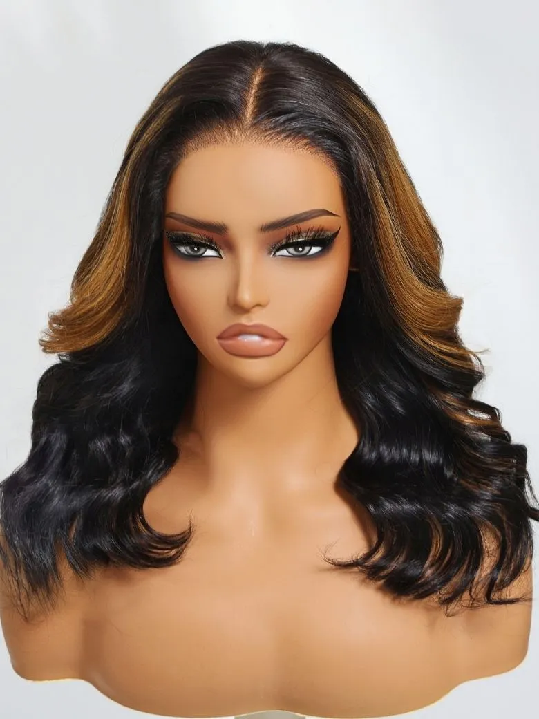 Black with Caramel Blonde Highlights UNice Bye-Bye Knots 7x5 Lace Body Wave Wig