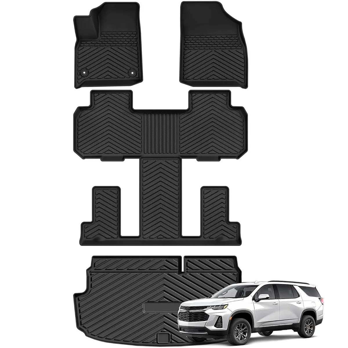 YITAMOTOR All-Weather Floor Liners for 2018-2024 Chevy Traverse (7-Seat w/ 2nd Row Buckets) | 3 Row & Cargo Set