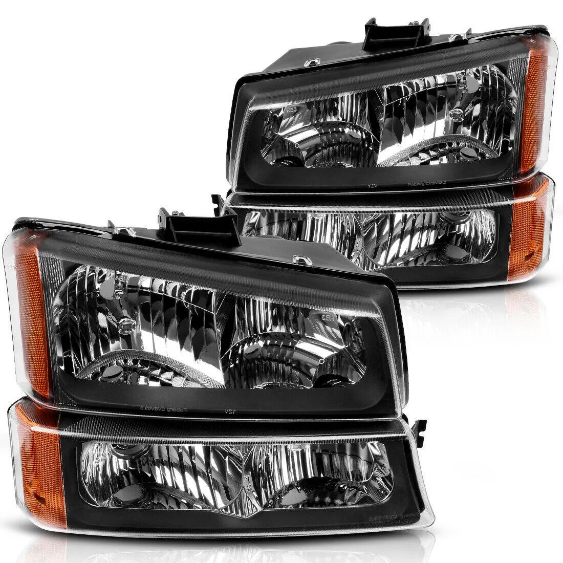 YITAMOTOR® 2003-2007 Chevy Silverado Headlight Assembly Black Housing Amber Side + Bumper Headlights Lamps