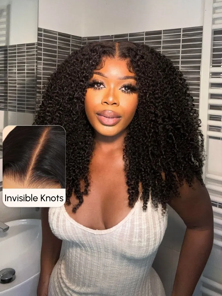 [22"=$106] 7x5 Pre-Cut Glueless Lace Bye Bye Knots Kinky Curly Wig With Bleached Knots 180% Density