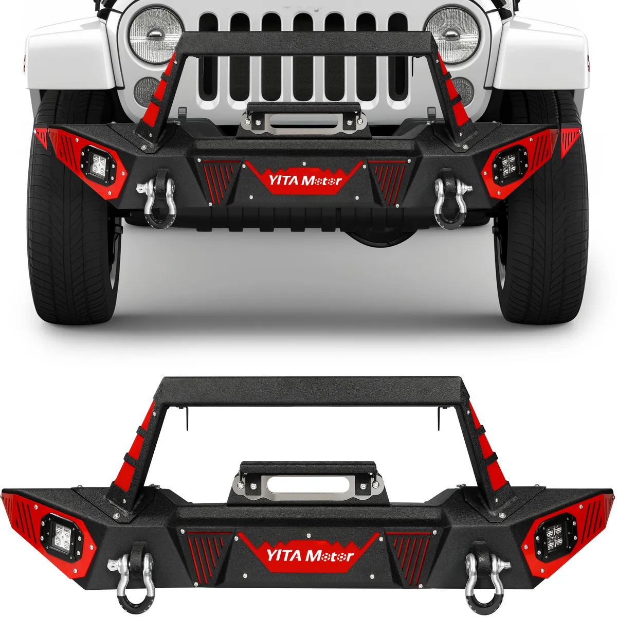 Front Bumper Compatible with 2007-2018 Jeep Wrangler JK & JKU Unlimited, Rock Crawler Bumpers w/Winch Plate & License Plate Bracket & LED Lights & D-R