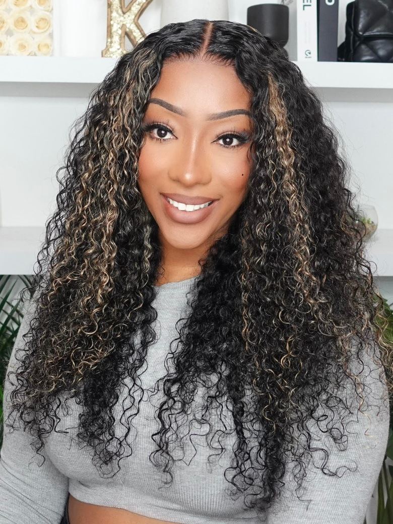 [22''=119]Bye Bye Knots Wig 7x5 Glueless Lace Black With Blonde Highlights Jerry Curly & Kinky Curly Bleached Knots Wig 180% Density